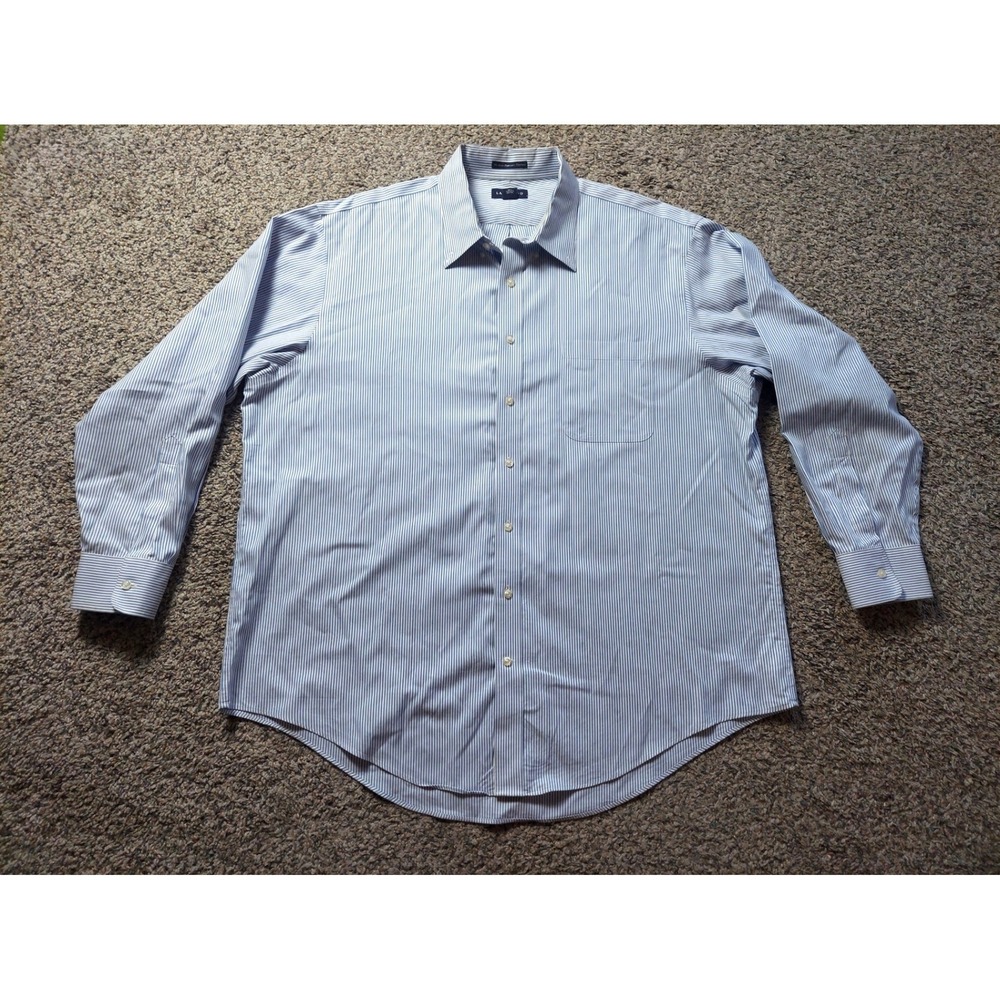 Lands' End Shirt Men 18-34 Blue Stripe No Iron Pinpoint Oxford Big Supima Cotton